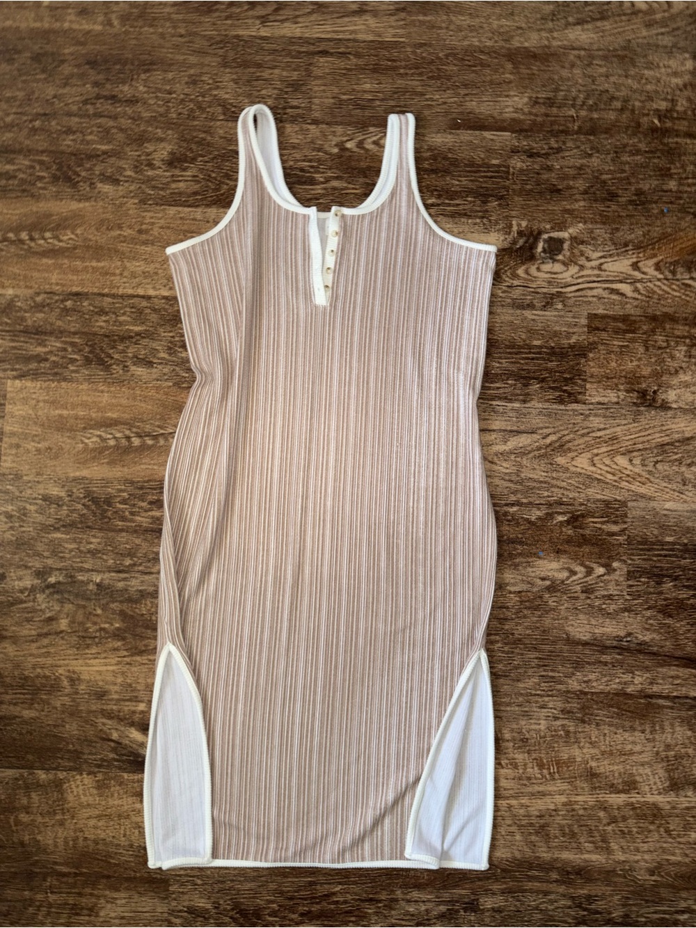 Beige Ribbed brown stripe dress white trim